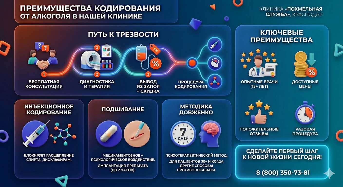 Инфографика о методах кодирования от алкоголя в Дербенте: инъекции, подшивание, метод Довженко. Преимущества клиники и этапы лечения.